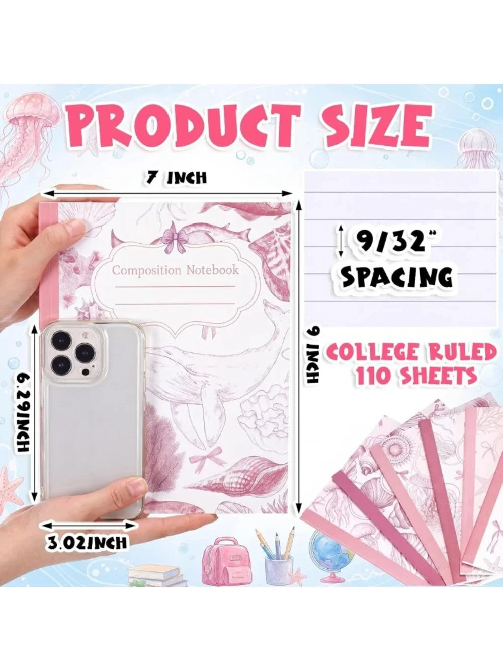 6 Pack Retro Pink Sea Composition Notebooks for College & School Supplies